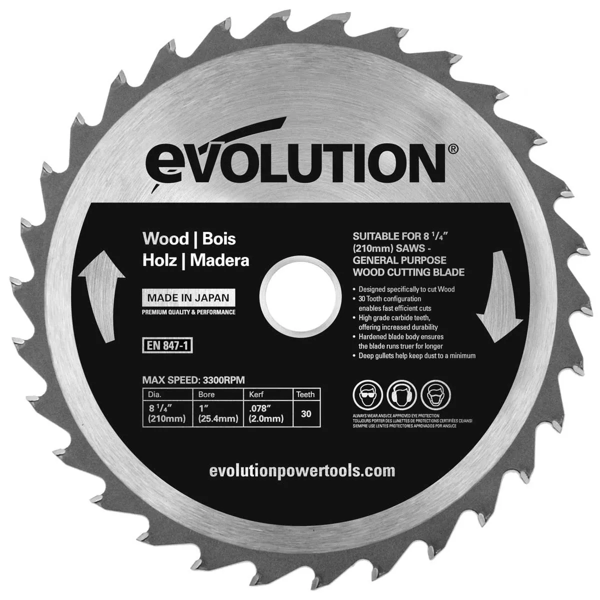 EVOLUTION POWER TOOLS STEEL LINEZAAGBLAD HOUT 210 MM VOOR CIRKEL EN AFKORTZAGEN