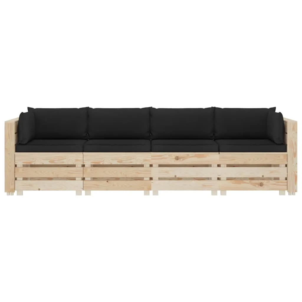 MEDINA TUINBANK 4ZITS MET ZWARTE KUSSENS PALLET HOUT